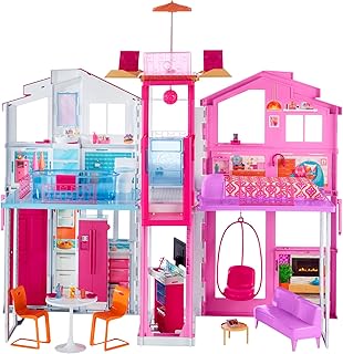 Barbie Doll House Playset, 3-Story Townhouse with 4 Rooms & Rooftop Lounge, Furniture & Accessories Including Swinging Chair (Amazon Exclusive)