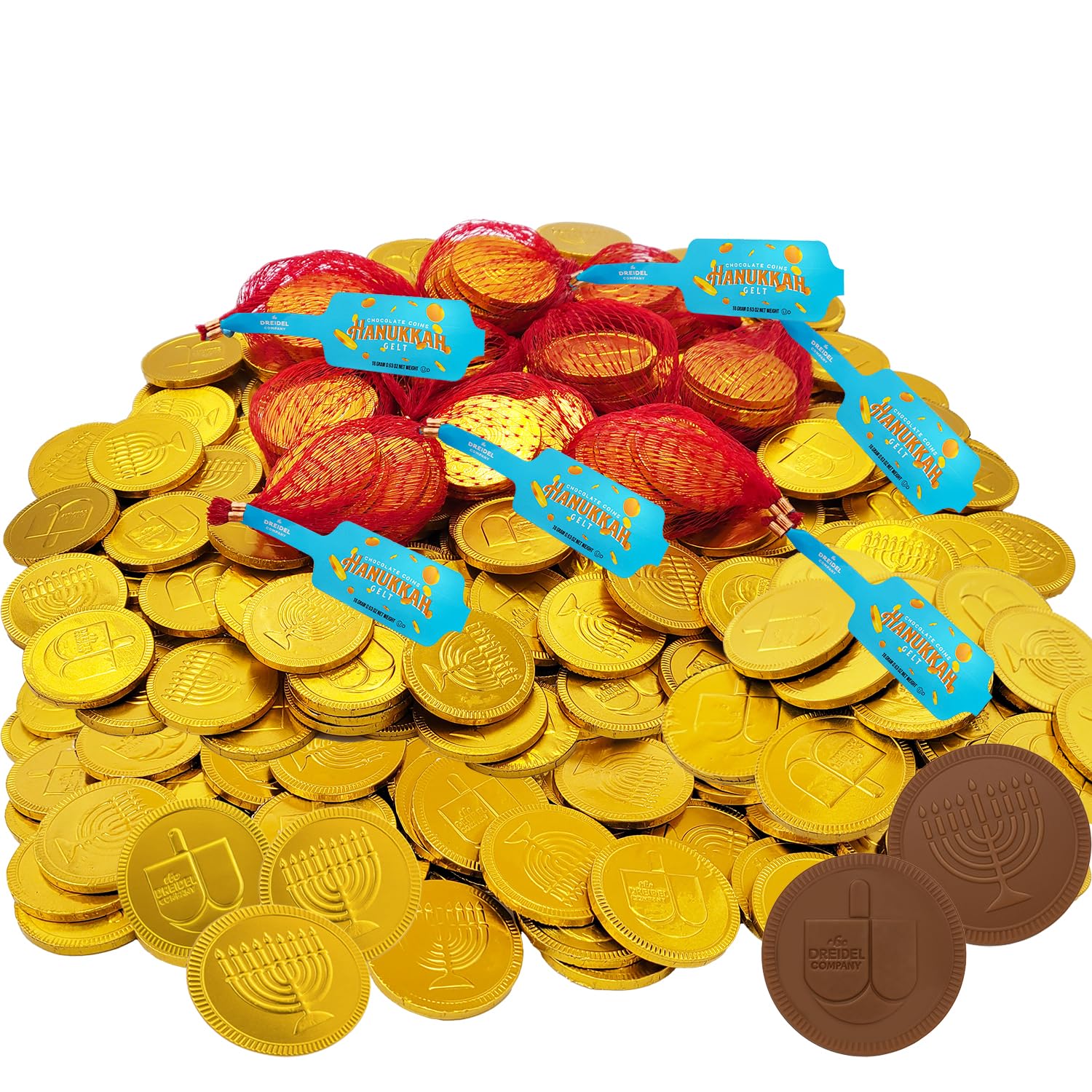 The Dreidel Company Hanukkah Chocolate Gelt, Six Mesh Bags of Milk Chocolate Coins, Kosher Certified Dairy Chanukah Coins Box,