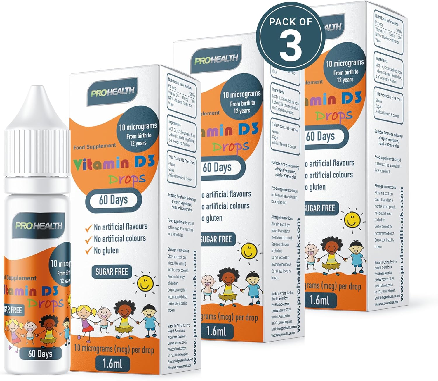 ProHealth 10 UG 60 Drops - Vegan Vitamin D3 Supplement for Babies and Young Children (Pack of 3)
