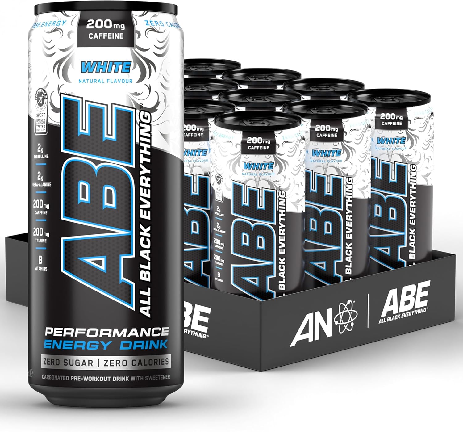 Applied Nutrition ABE Pre Workout Cans - All Black Everything Energy + Performance Drink, ABE Carbonated Beverage Sugar Free with Caffeine (Pack of 12 Cans x 330ml) (White)