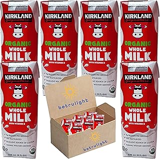 Organic Shelf Stable Whole Milk Boxes, Kirkland Grass Fed Organic Whole Milk Single Serve with Straws | 8.0 Fl oz Pack of 6| Every Order is Elegantly Packaged in a Signature BETRULIGHT Branded Box