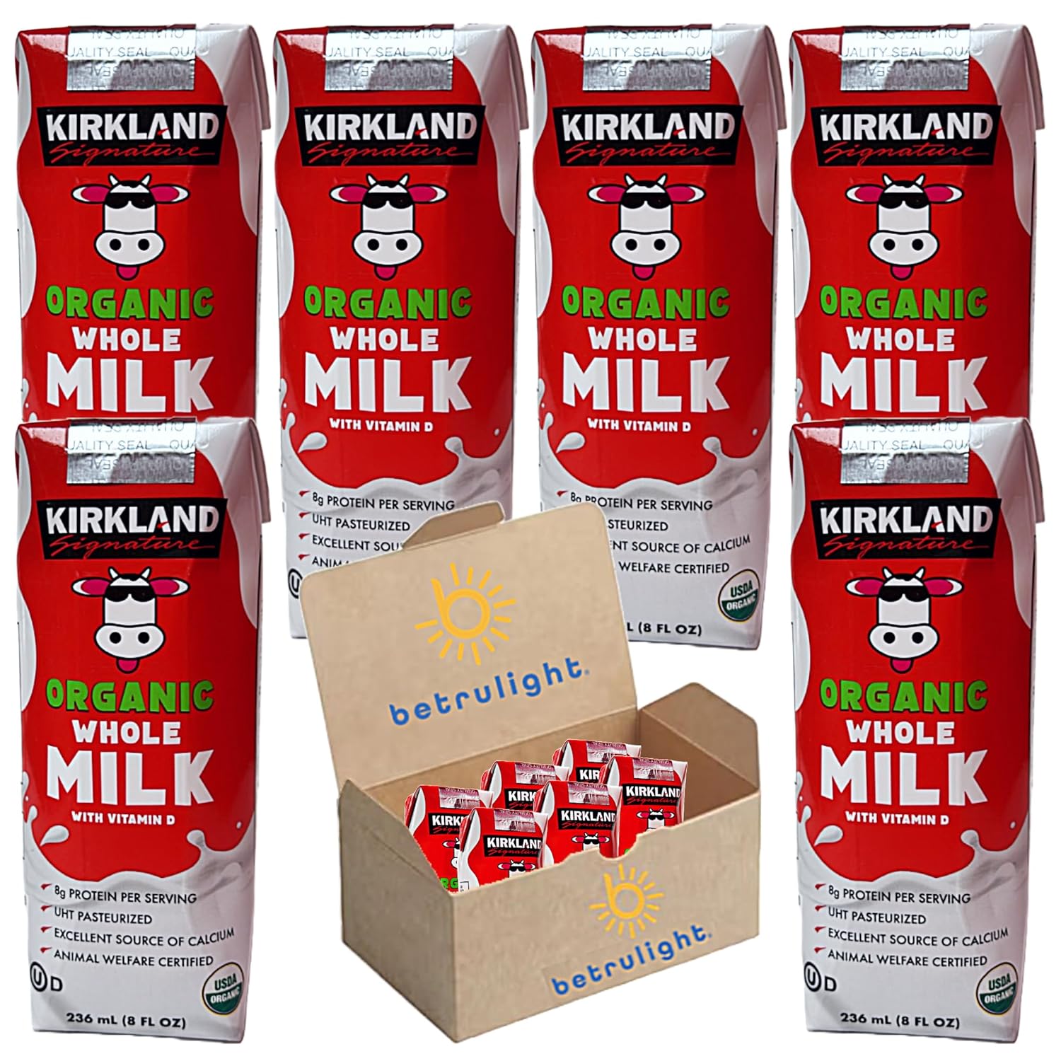 Organic Shelf Stable Whole Milk Boxes, Kirkland Grass Fed Organic Whole Milk Single Serve with Straws | 8.0 Fl oz Pack of 6| Every Order is Elegantly Packaged in a Signature BETRULIGHT Branded Box