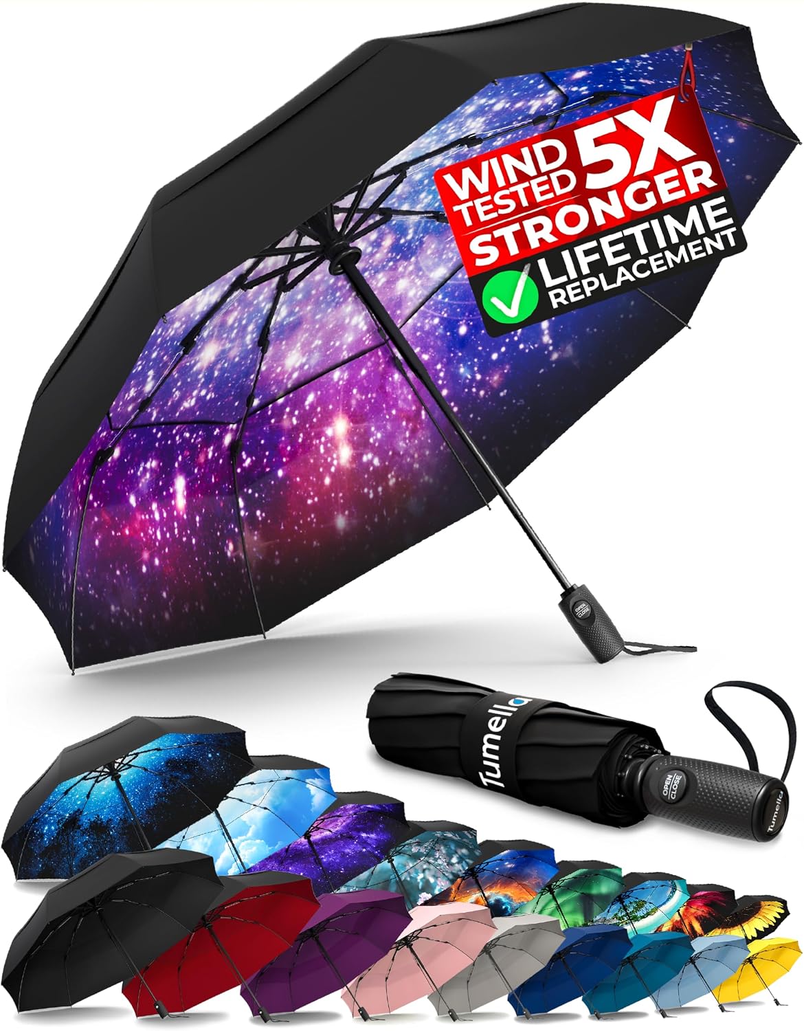 TUMELLA Strongest Windproof Travel Umbrella (Compact, 100MPH Wind-Tested), Light, Portable, One-Handed Use, Automatic Folding Rain Umbrella, Durable, Premium Grip, Fits Car & Backpack
