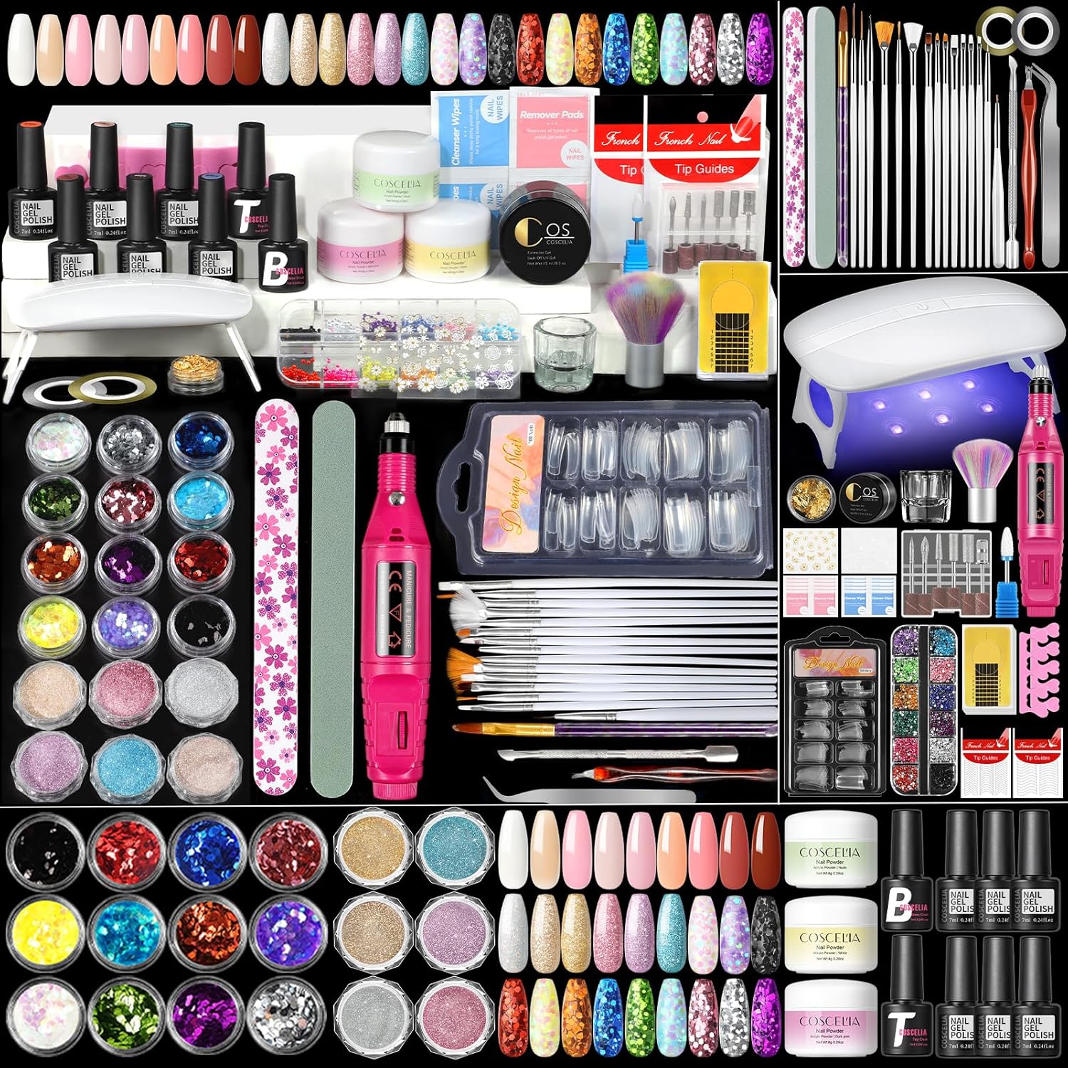 Acrylic Nail Kit for Beginners with Everything 3pc Acrylics Powder 6pcs Gel Nail Polish 18pcs Glitter Decoration Powder Professional Nails Kit Acrylic Set with U V Light and Drill Gifts for Women