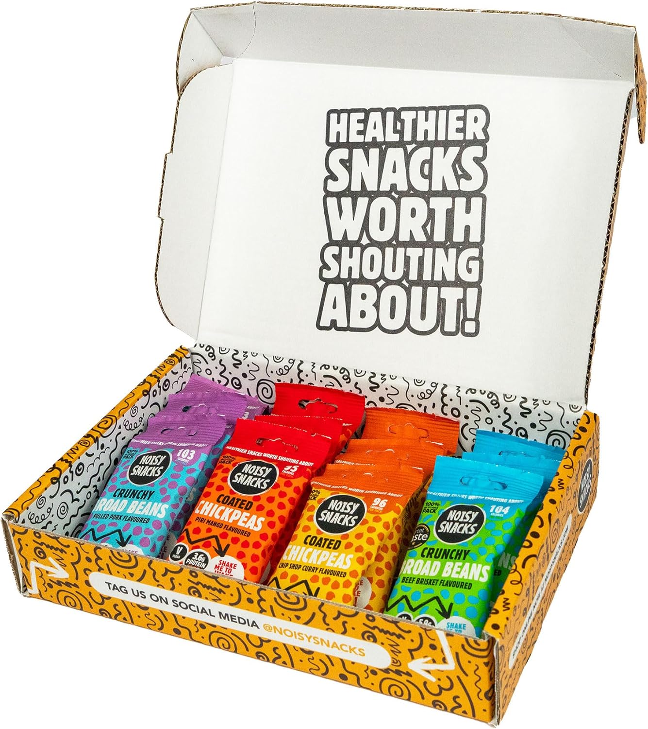 Noisy Snacks Healthy Snack Gift Box - Chickpea & Broad Beans Gift Hamper - Vegan Snacks - Variety Pack - Low Calorie, High Protein, Gluten-Free, Full of Fibre - Vegan Gifts (25g x 12)