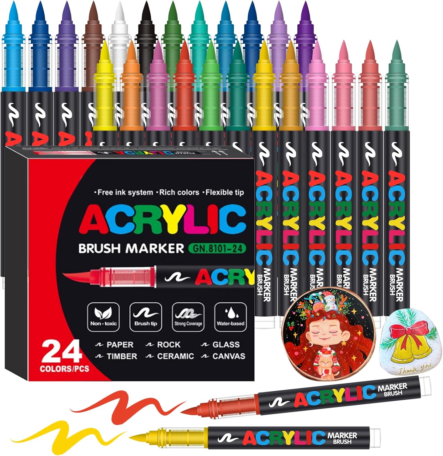 Acrylic Paint Markers, Soft Brush Tip Pens and Markers, Acrylic Paint Pens for Wood, Stone, Canvas, Glass, Fabric, Egg, Rock Painting and DIY Crafts Art Supplies (24)