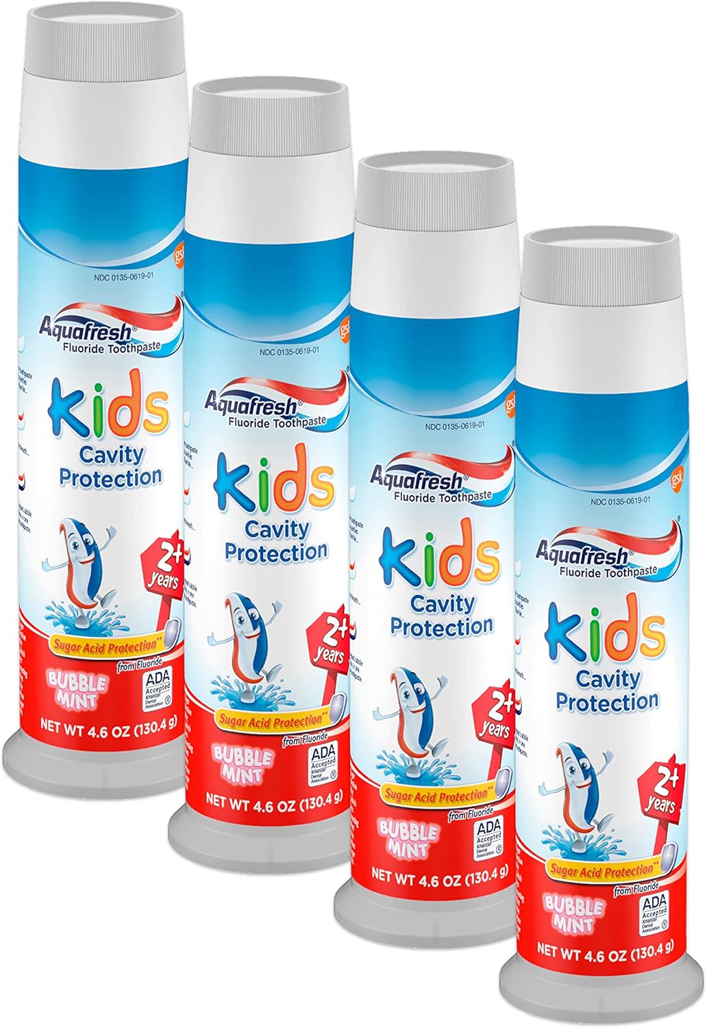 Aquafresh Kids Fluoride Toothpaste Bubble Mint Pump - 4.6 oz, Pack of 4