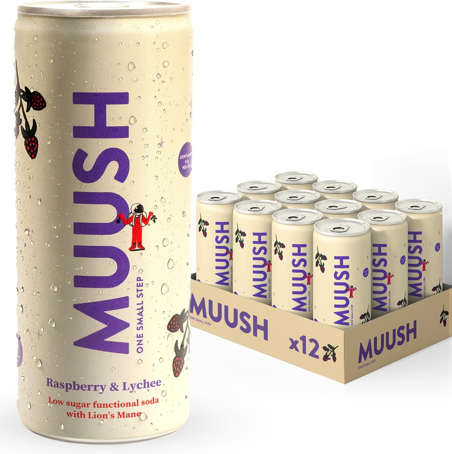 MUUSH Sparkling Drink | Raspberry & Lychee with Lion’s Mane | Brain Boost, Gut Health, Natural Energy | Low Sugar, Vegan Functional Beverage with Naturally Sweetened | Low Calorie | 12 cans x 250ml