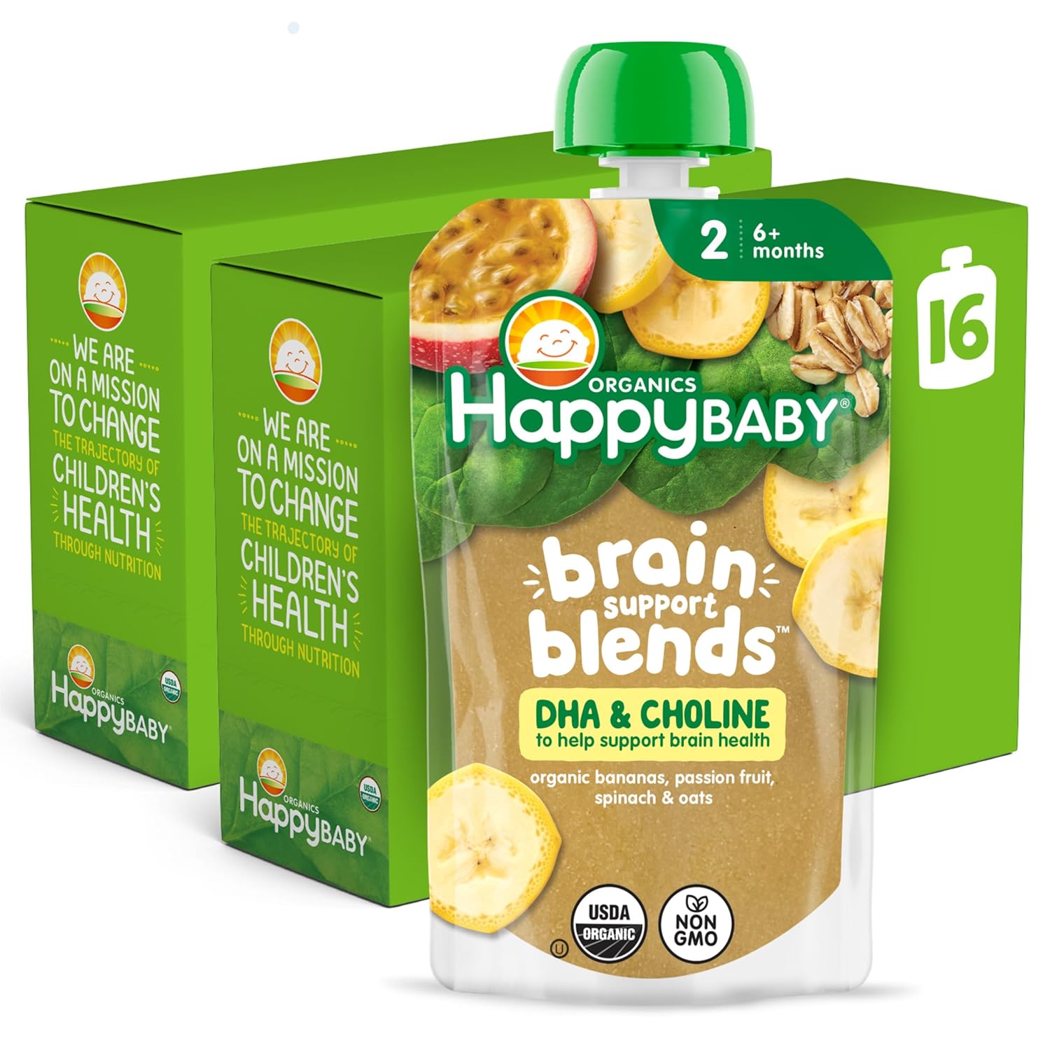 Happy Baby Organics Brain Support Blends Bananas, Spinach, Passionfruit & Oats with DHA and Choline 4oz Pouch (Pack of 16)