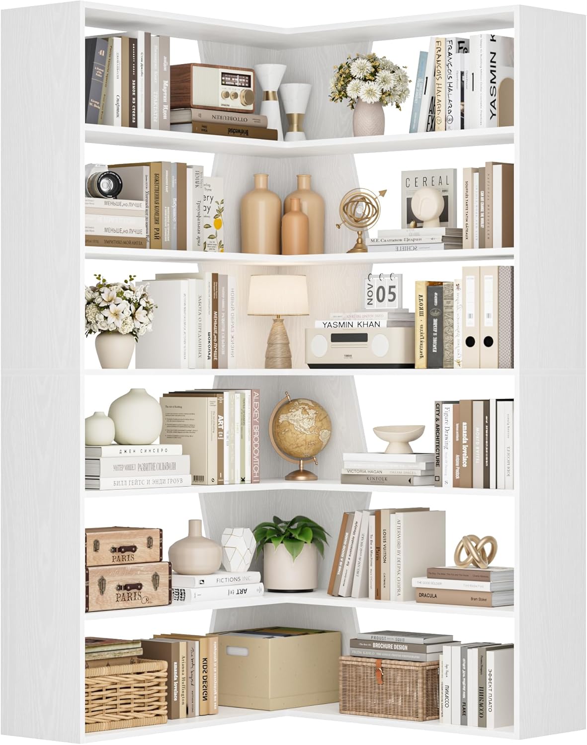 FirFurd Bookcase 6 Tiers Corner Bookshelf White Tall Bookcase Free Standing with Open Storage Display Rack L-shaped Book Shelf for Living Room Home Office 90x90x190.5cm