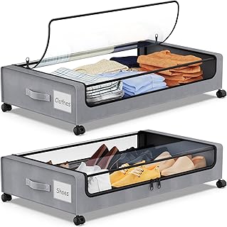 Under Bed Storage with Wheels, 2Pack Under Bed Storage Containers,Under Bed Shoe Storage Organizer with Clear Window&Label,Rolling Under Bed Storage Metal Drawer for Clothes,Shoes,Toys