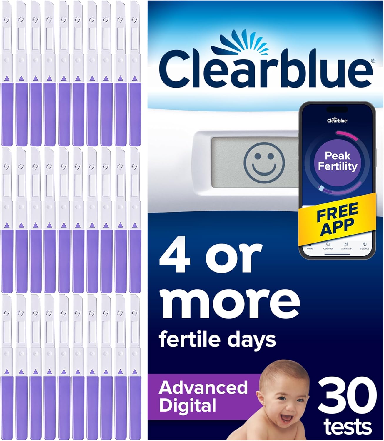 Clearblue Advanced Digital Ovulation Test Kit (OPK). Double Your Chances Of Getting Pregnant, 1 Digital Holder And 30 Ovulation Tests, Try The FREE Clearblue Period & Cycle Tracker App