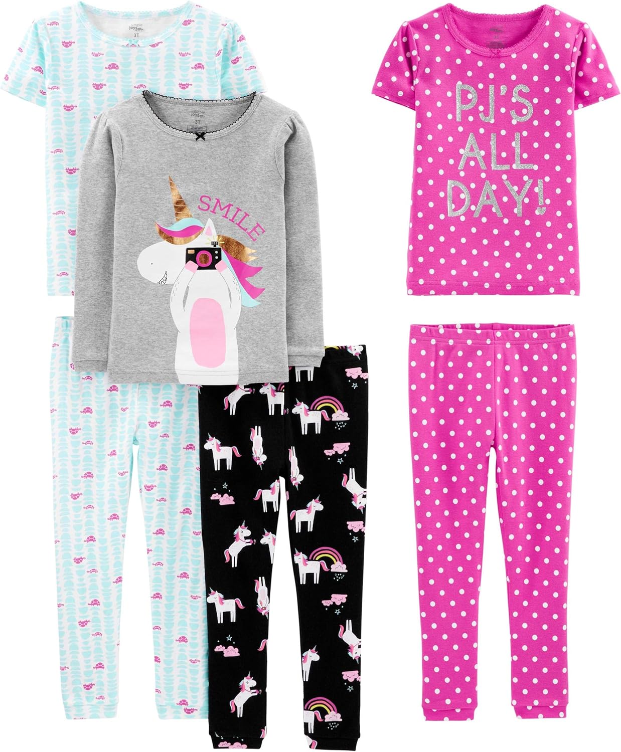 Simple Joys by Carter's Babies, Toddlers, and Girls' 6-Piece Snug-Fit Cotton Pajama Set, Pack of 3