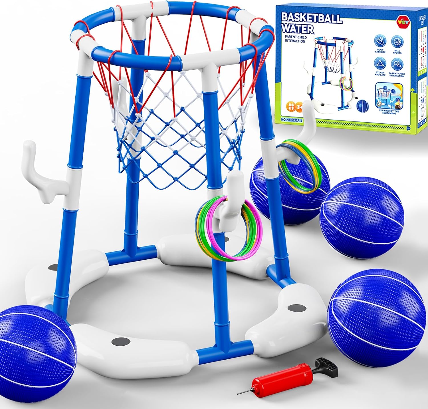 Pool Basketball Hoop 2-in-1 with 4 Balls, 12 Rings & Pump - Floating Water Basketball Set for Swimming Pool Games, Outdoor/Indoor Family Toy Kids Ages 3-12 & Adults