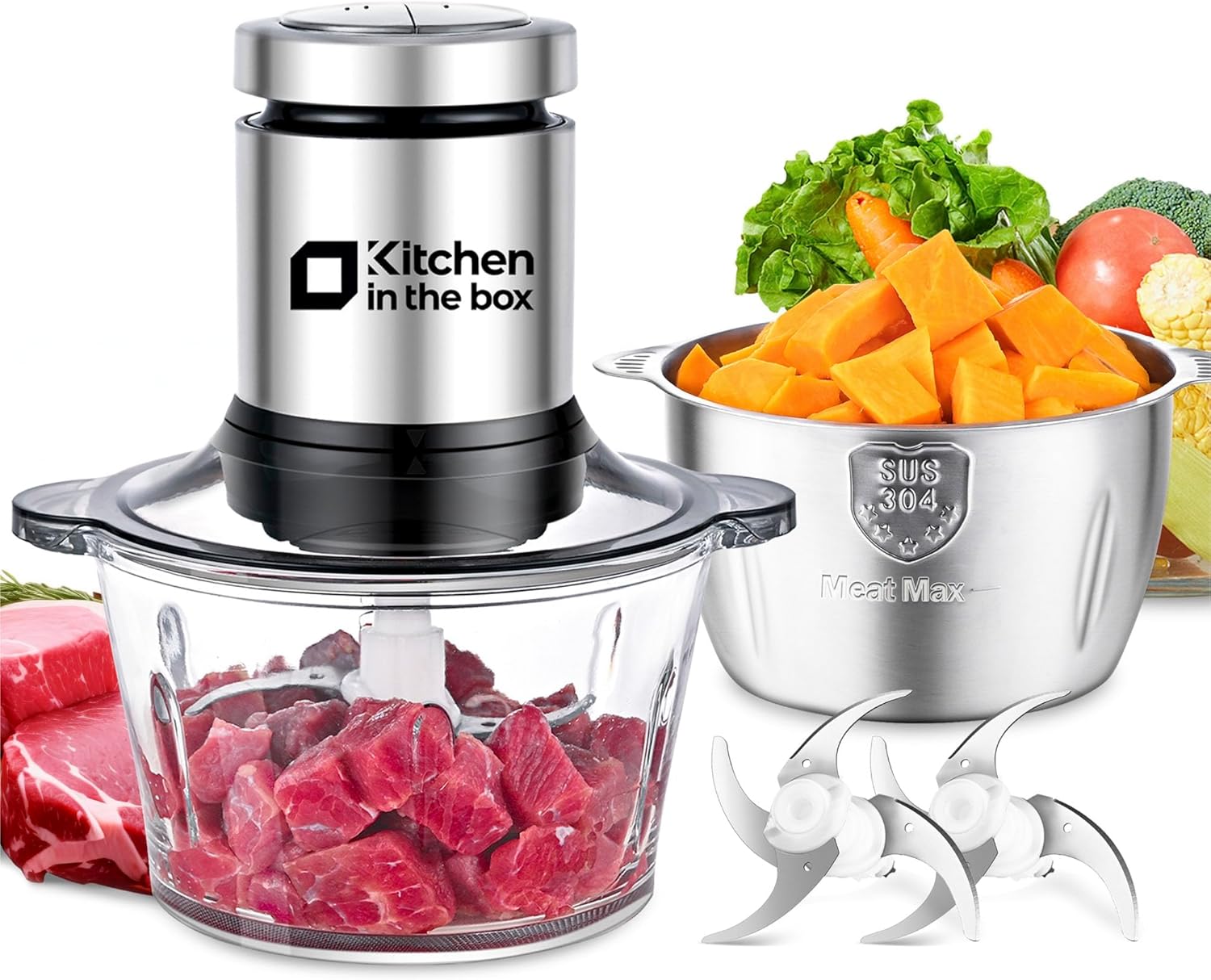 Kitchen in the box Food Processors, 2L+2L 400W Electric Meat Grinder & Food Chopper with 304 Stainless Steel Bowl and Glass Bowl, 2 Speed Settings, 2 Bi-Level Blades for Meat/Baby Food/Fruit/Vegetable