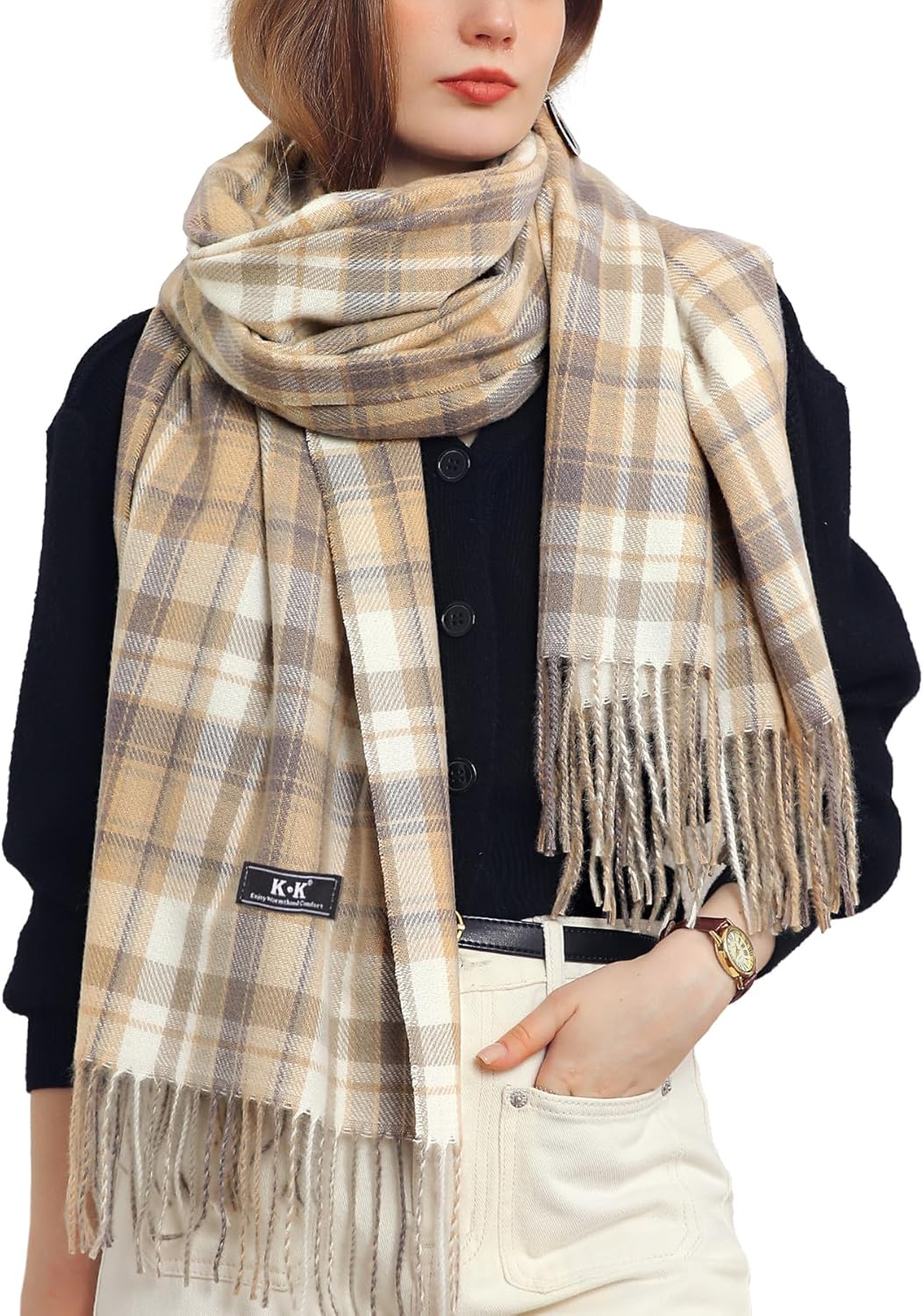 Women Tartan Scarf - Winter Long Scarves Plaid Warm Wraps Wool British Style For Ladies Spinning Tassel Shawl Long Stole