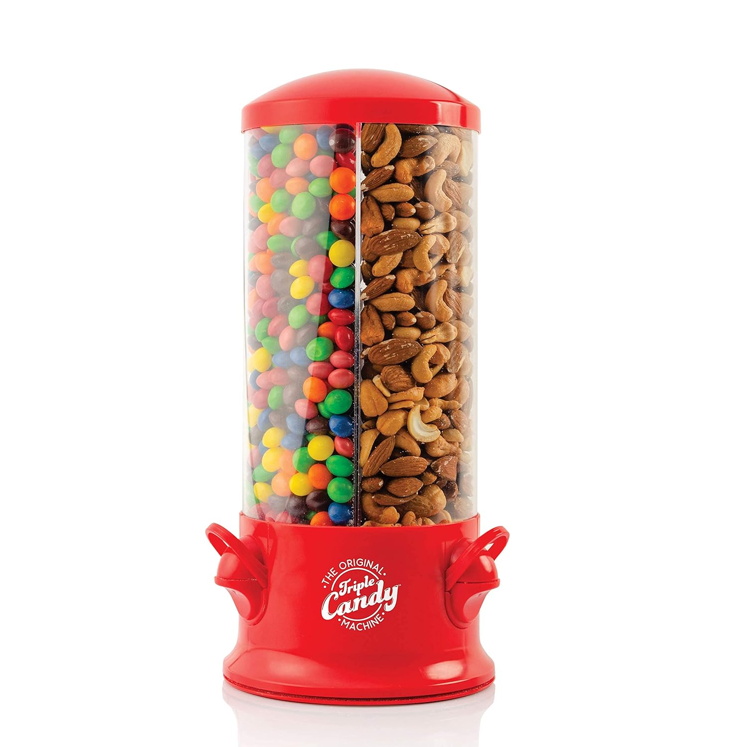 Handy Gourmet The Original Polystyrene Triple Candy Machine - Fun Candy & Nut Dispenser - New & Improved (Red) - 360 Degree and 3 Compartments