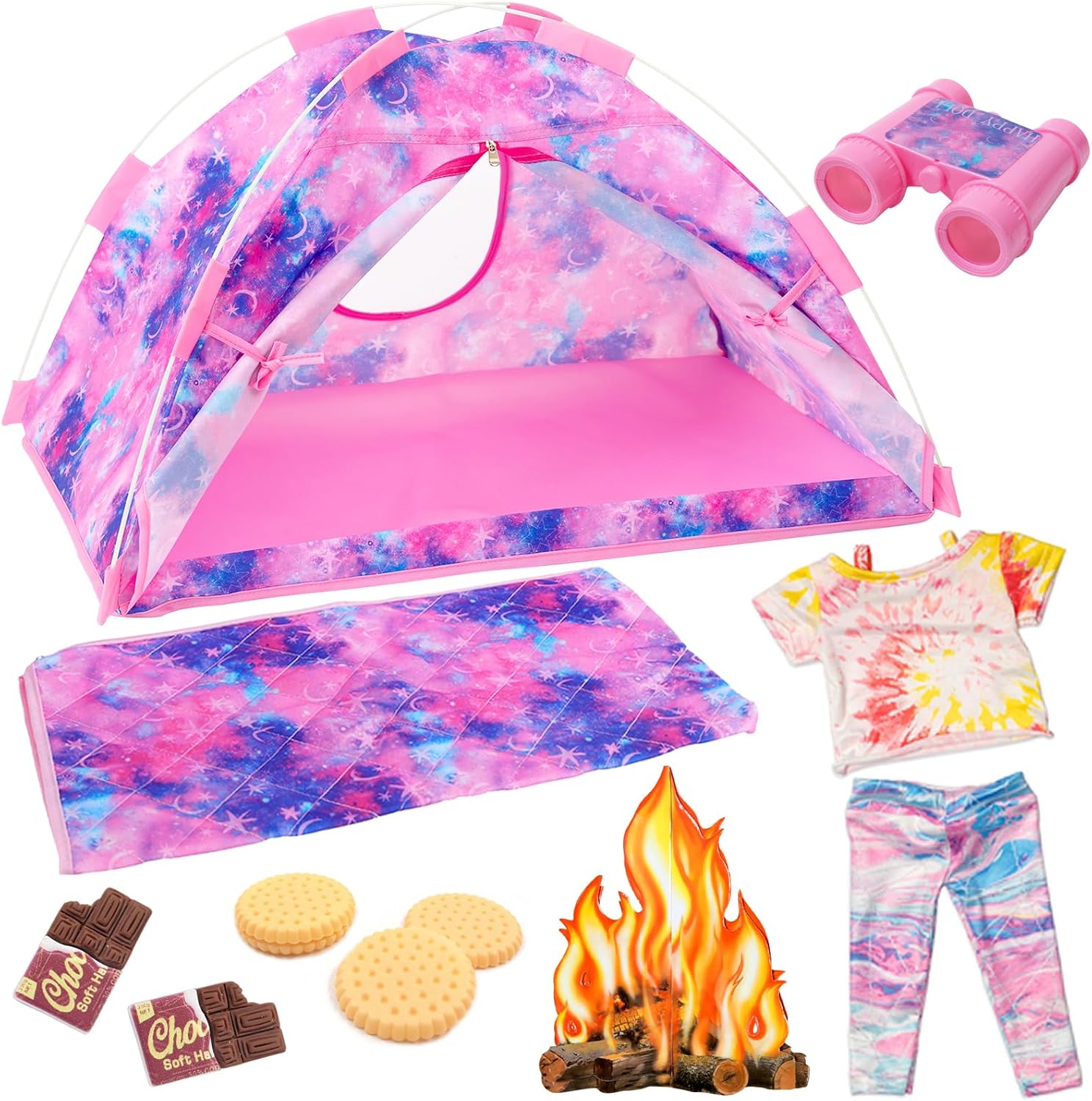 Ecore Fun 11 Items 18 inch Girl Dolls Camping Tent Set and Accessories Including 18 Inch Doll Camping Tent Clothes Set Campfire Chocolate Biscuit Binoculars etc