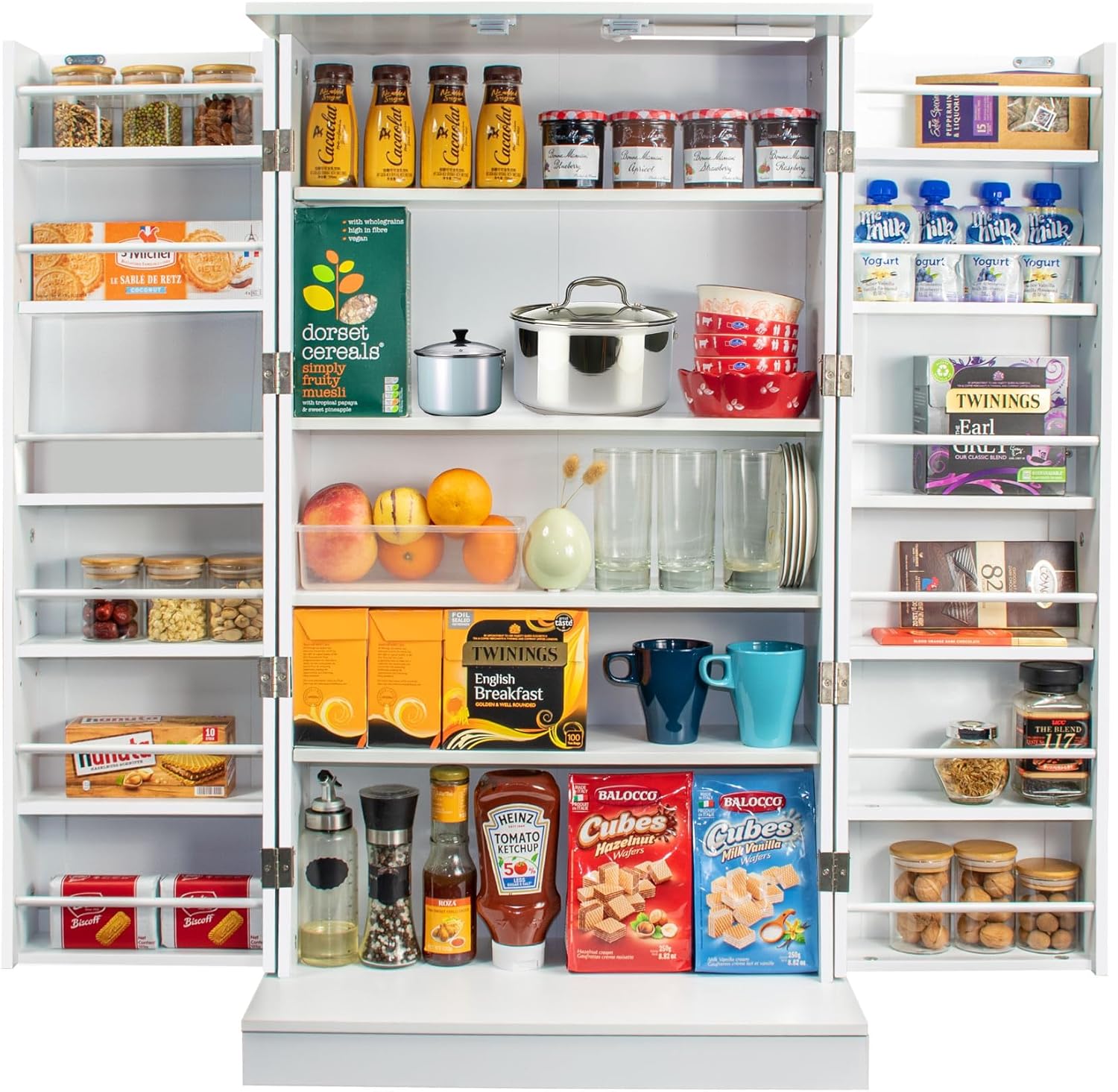 Ezigoo Pantry Cupboard 103cm Kitchen Cabinet with Countertop & Adjustable Shelves with Guardrail, Free Standing Storage Units as Multifunctional Space-saving Organizer for Kitchen Dining Living Room