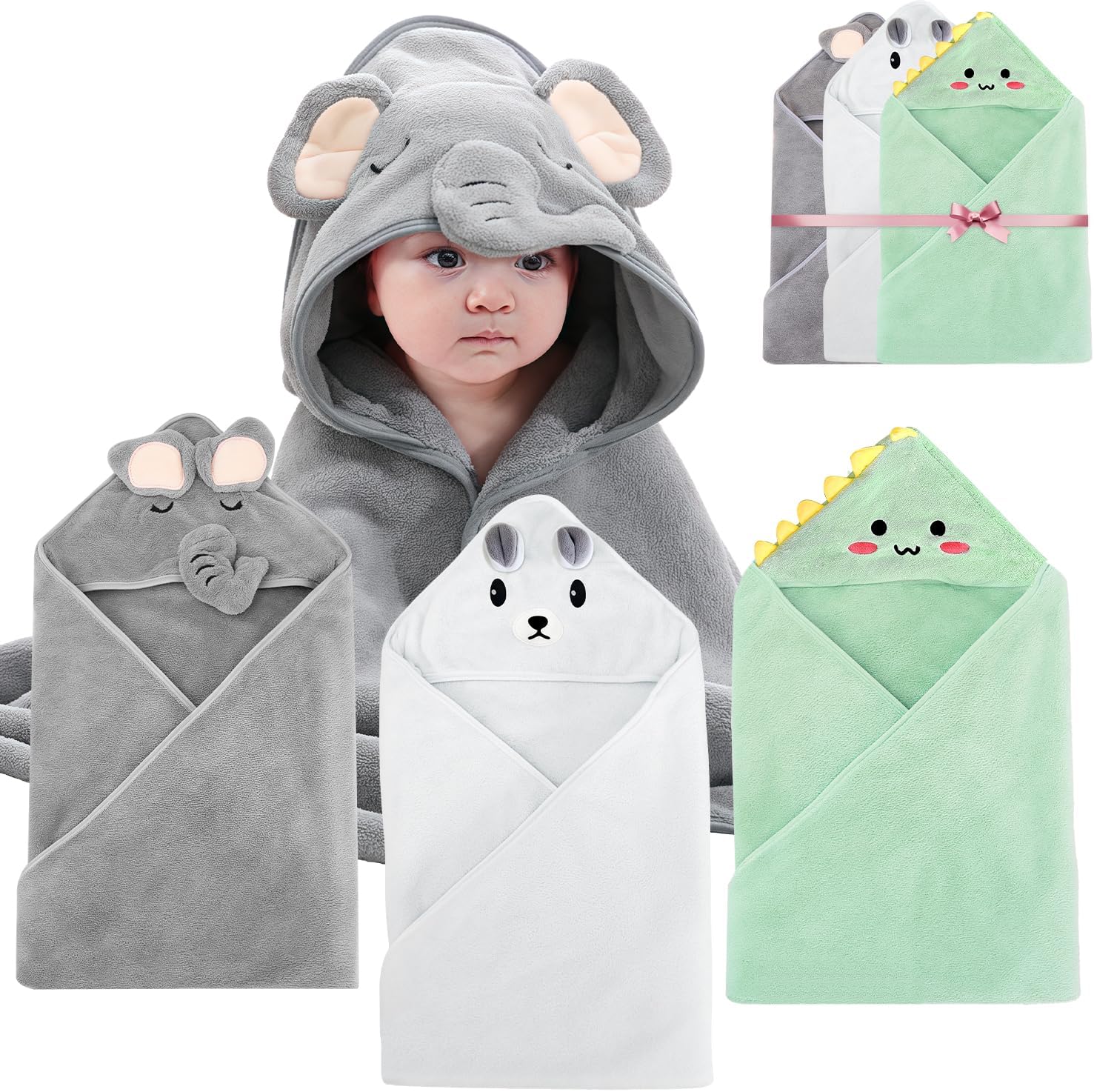 3 Pcs Hooded Baby Towels, Ultra Soft Newborn Towels with Hood, Cute Animal Design Absorbent Baby Bath Towels for Newborn Boys and Girls, 80x80cm