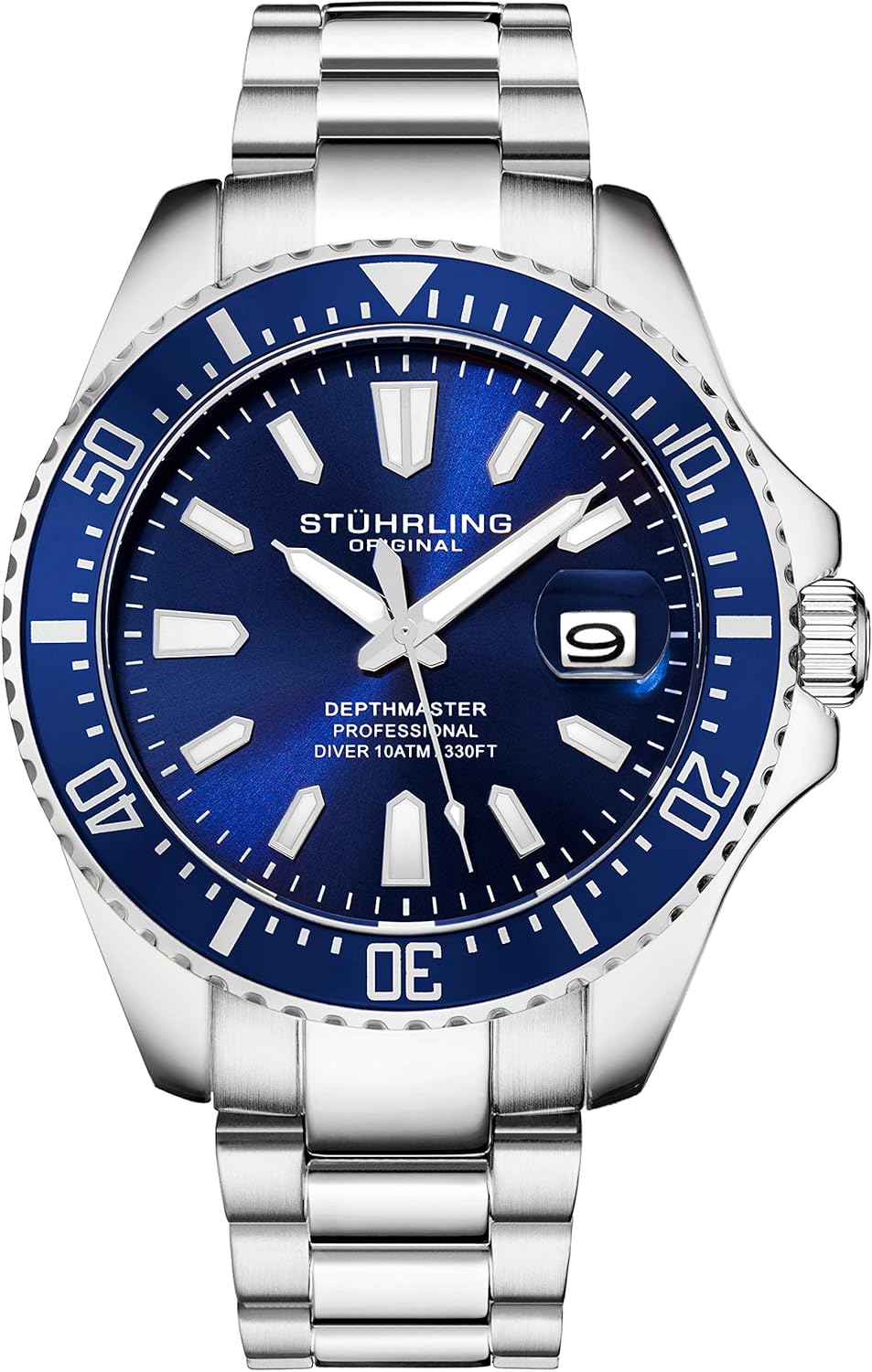 Stuhrling Original Men's Watches Pro Dive Watch Sports Watch with 42 MM Case Blue Dial Stainless Steel Silver Bracelet Diving Watch for Men