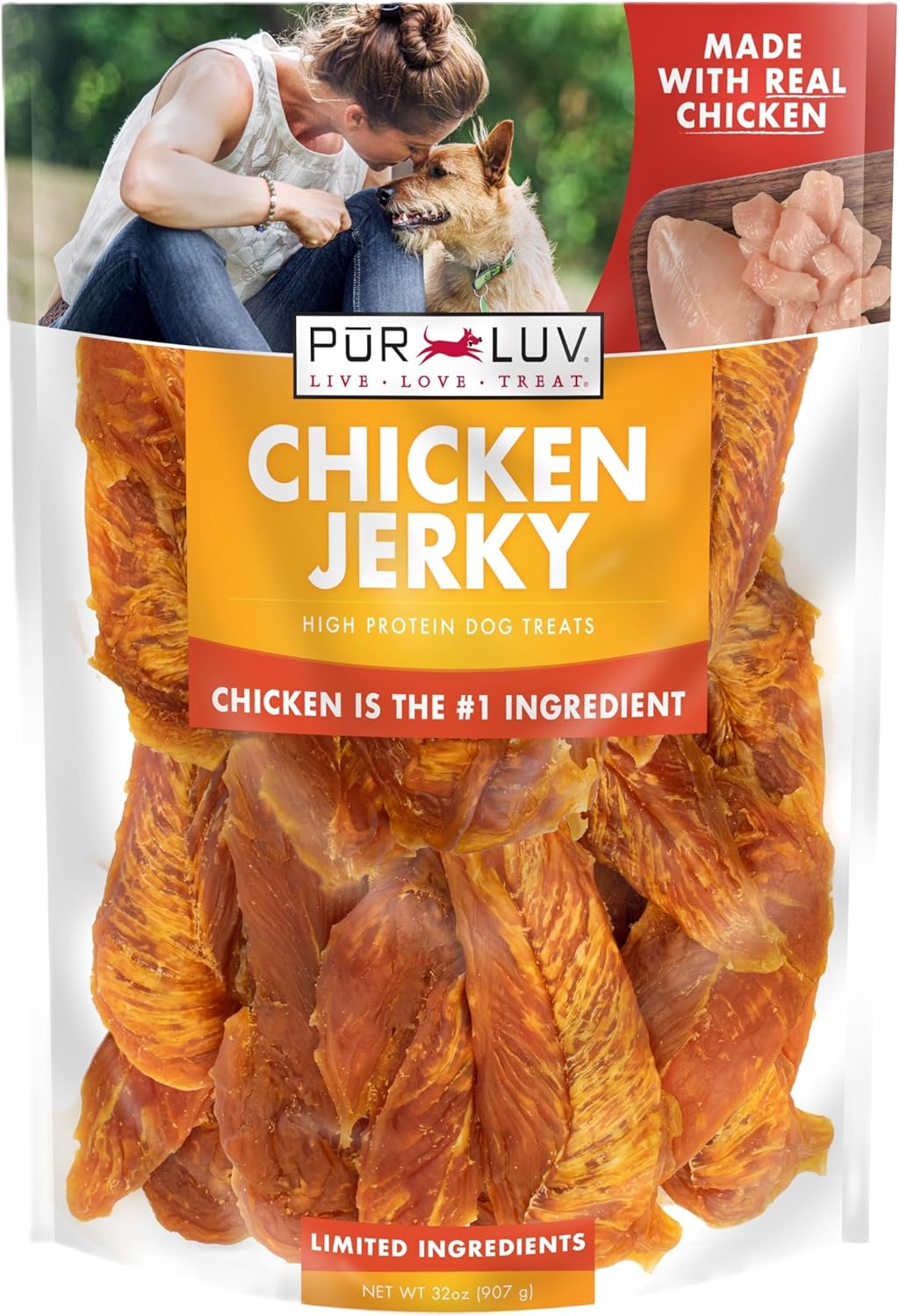 Pur Luv Chicken Jerky Dog Treats, Made with 100% Real Chicken Breast, 32 Ounces, Healthy, Easily Digestible, Long-Lasting, High Protein, Satisfies Dog's Urge to Chew