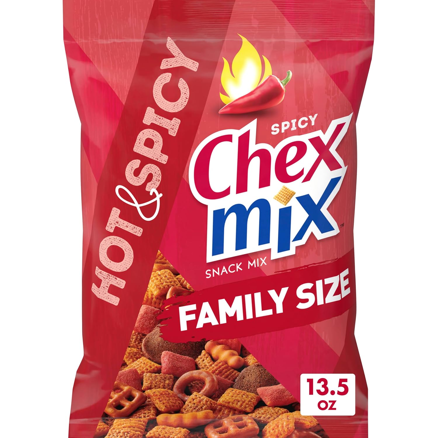 Chex Mix Hot and Spicy Savory Snack Mix, Family Size, Snack Bag, 13.5 oz