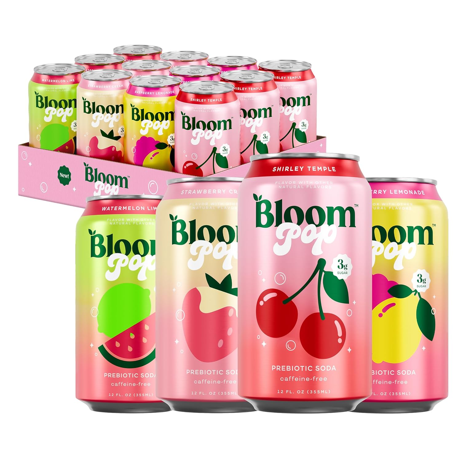 Bloom Pop Prebiotic Soda 12 Pack, Variety Pack, 12oz Cans | Prebiotic Soda for Gut Health, Low Calorie Soda, No Caffeine, Healthy Soft Drink Alternative