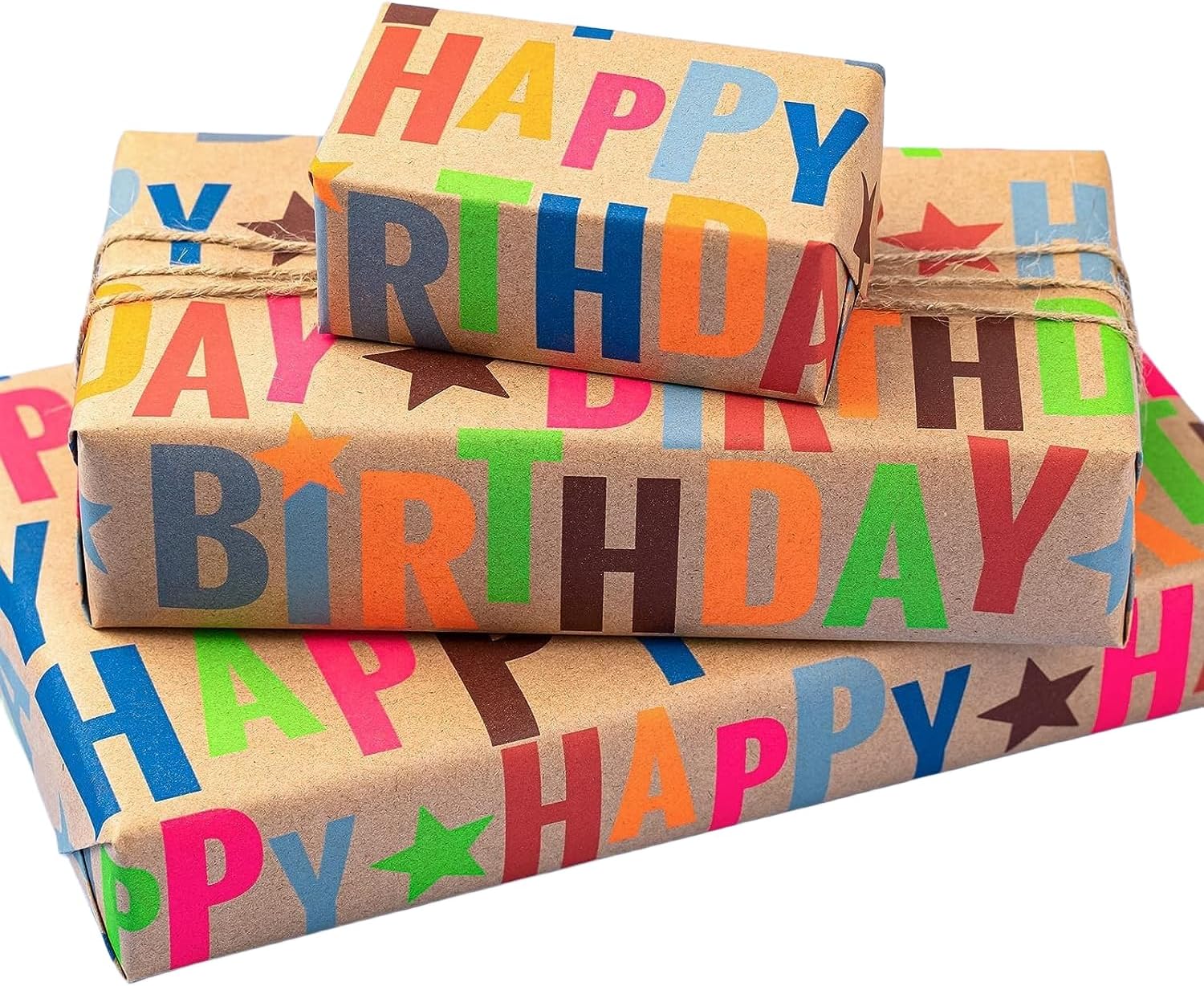 BIOBROWN Kraft Wrapping Paper Roll Colorful Text Happy Birthday Design Perfect for Birthday Holiday Wrap 17 inch X 33 feet