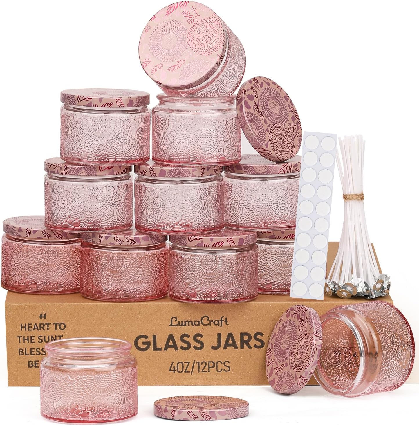 LumaCraft Luxury Embossed Glass Candle Jars for Making Candles - 12 Pack Empty Candle Containers with Airtight Metal Lids, 20 Wicks & 20 Stickers, Colored Glass Jars for Gifts & Decor-120ML