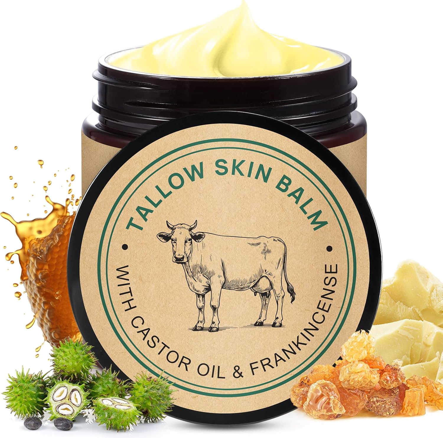 Beef Tallow Face Cream with Frankincense and Castor oil 4.2 fl.oz, 100% Grass-Fed Tallow for Skin Care, Face & Body Moisturizer for Skin Hydrating & Nourishing, Sensitive Skin & Dry Skin Age Defying