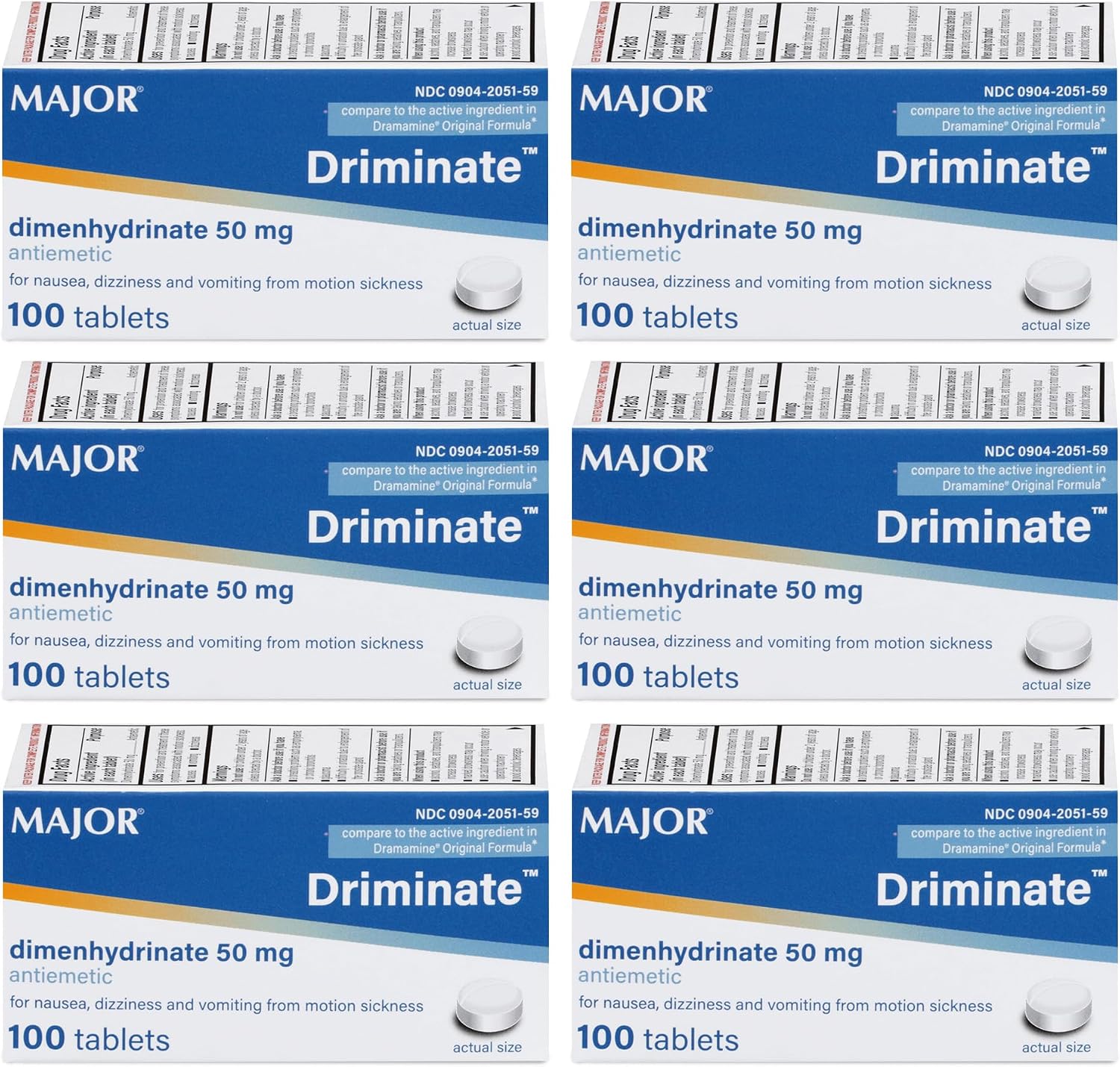 MAJOR Driminate Anti-Nausea Tablets, 100 Count (6-Pack)
