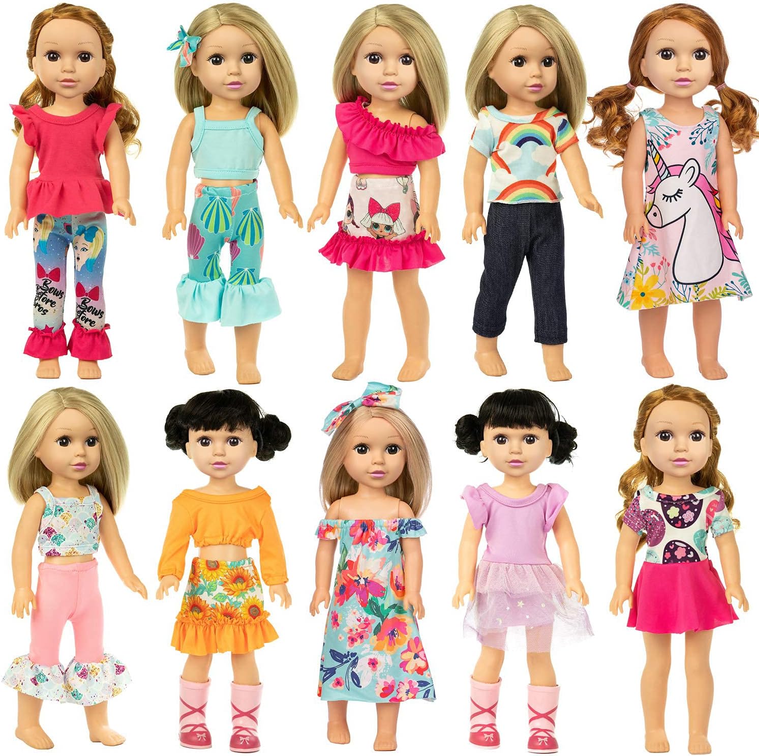 Ecore Fun 10 Sets 14.5 Inch Doll Clothes Outfits Dresses Pajamas Hair Clips for 15 Inch Girl Dolls