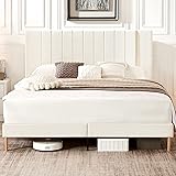 Flolinda King Size Platform Bed Frame with Velvet Upholstered Headboard and Wooden Slats Support, Fully Upholstered Mattress Foundation/No Box Spring Needed/Easy Assembly, Cream White