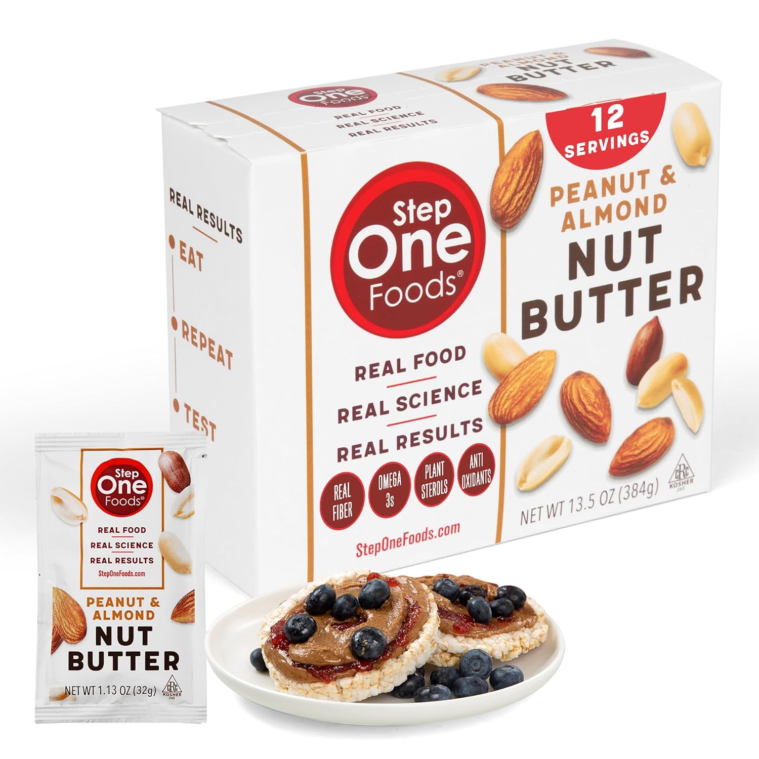 Step One Foods, Peanut & Almond Nut Butter, Spreadable Squeeze Packets, Gluten Free, Non-GMO, Clinically Proven to help Lower Cholesterol, 1.1oz (12 Pack)
