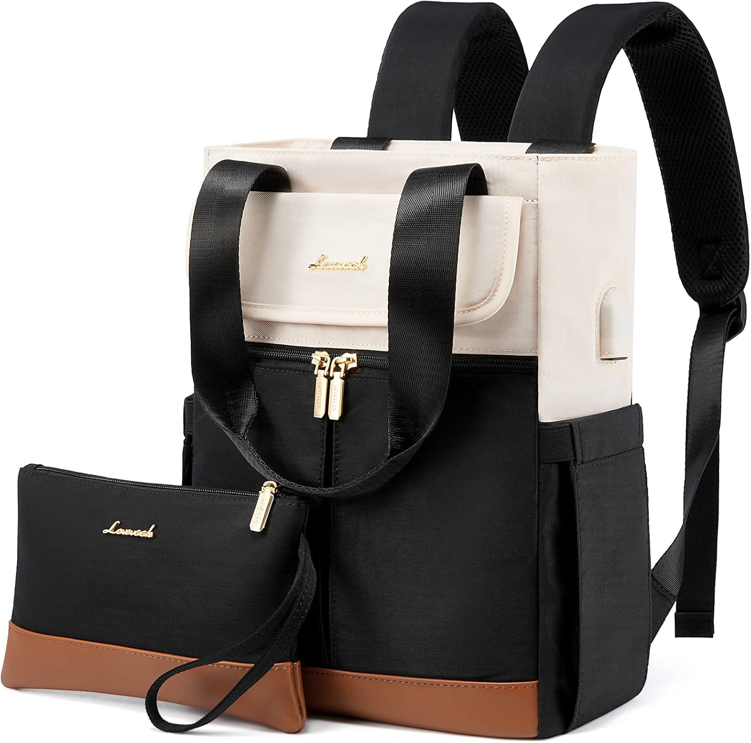 LOVEVOOK Backpack Purse for Women, Convertible Mini Backpacks Tote for Teen Girls, Small College Bookbag for Work, School, Travel, 2pcs set, Black-Cream