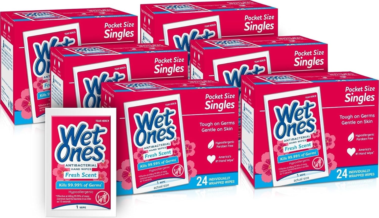 Wet Ones Singles Antibacterial Hand Wipes, Fresh Scent, 24 ct (6 Pack) | Individually wrapped, Travel hand sanitizer wipes, Made with aloe, Hypoallergenic, Paraben free, No sticky residue
