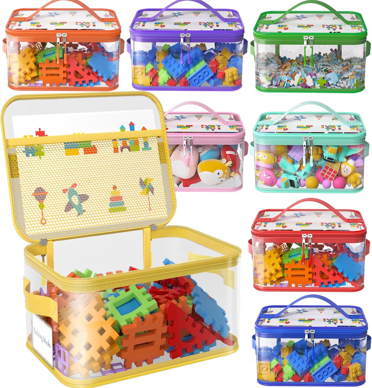 8 Pack Large Clear Toy Storage Bags with Labels, Handles, Zippers XL | Large Capacity, Transparent PVC, Waterproof Dustproof, Space-saving, Portability for Building Blocks, Puzzle, Dolls, Travel