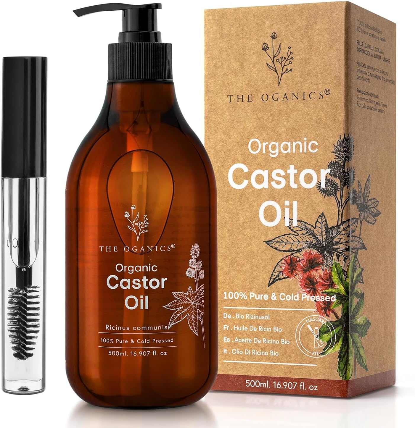 Castor Oil Organic 500ml, Cold Pressed - Hair Growth Oil, Lash Serum, Beard Oil - Vegan and Hexane Free Organic Castor Oil for Eyelashes, Eyebrow, Nails & Skin – Pump + Mascara Kit