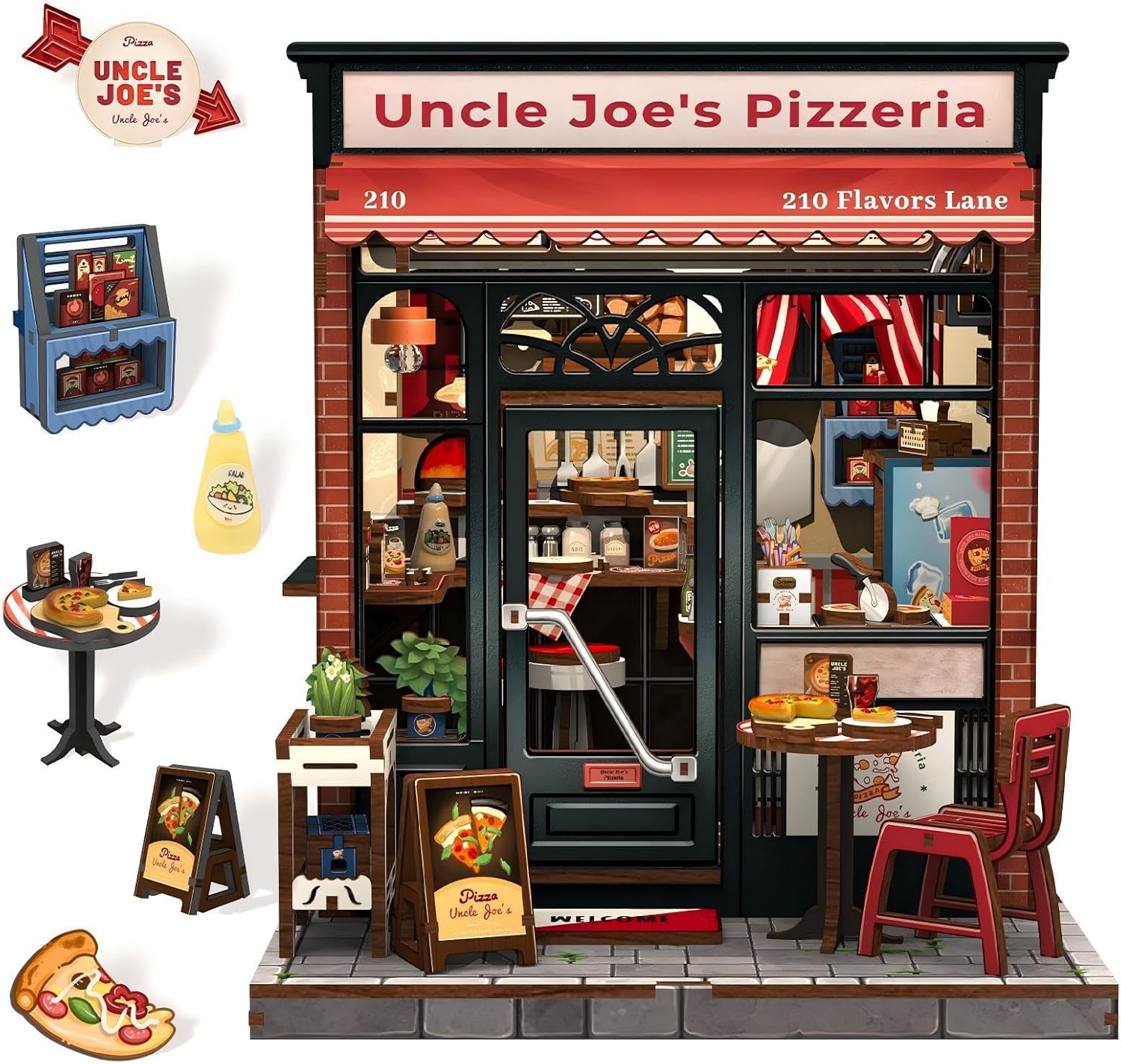 Fsolis Book Nook Kit - DIY Scene Miniature Dollhouse Kit for Adults, Shelf 3D Puzzles 285 pcs, Tiny House Mini Music Shop Model Booknook Craft Bookshelf Decor Gifts for Women (Uncle Joe's Pizzeria)
