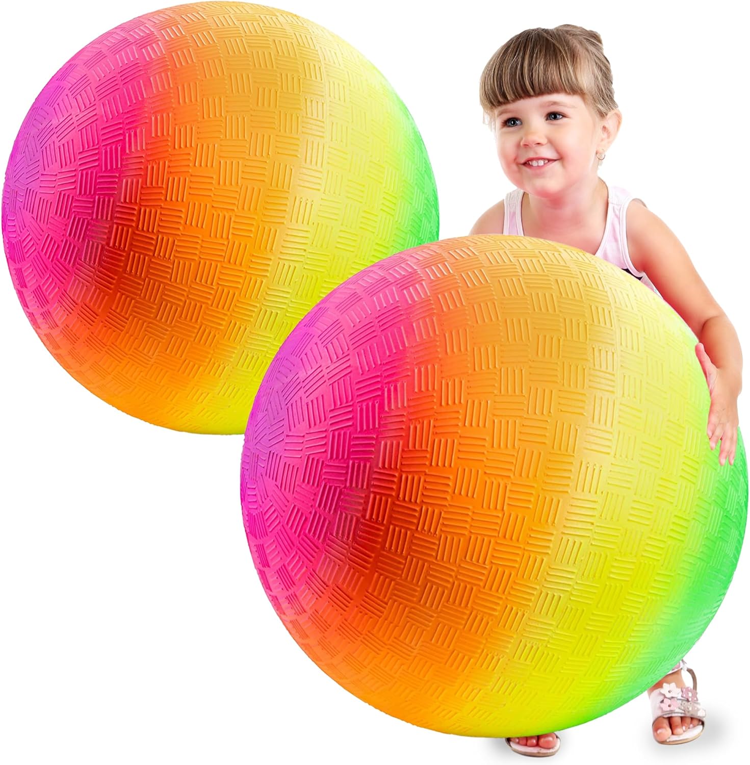 18 Inch Rubber Playground Balls for Kids - (2-Pack) Giant Large Rainbow Inflatable Bouncy Play Ball - Big Size, Kickballs, Fun for Park, Recess, Backyard, Indoor and Outdoor Games with Hand Pump