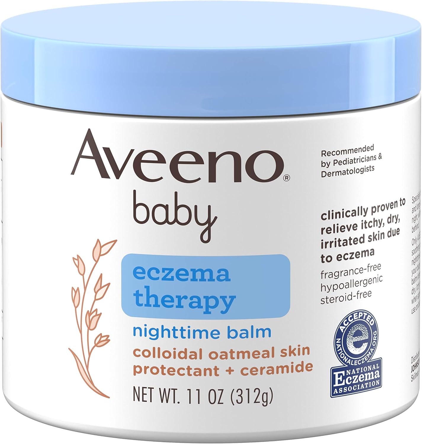 Aveeno Baby Eczema Therapy Nighttime Moisturizing Balm with Colloidal Oatmeal & Ceramide, Soothes & Relieves Dry, Itchy Skin from Eczema, Hypoallergenic, Fragrance- & Steroid-Free, 11 oz