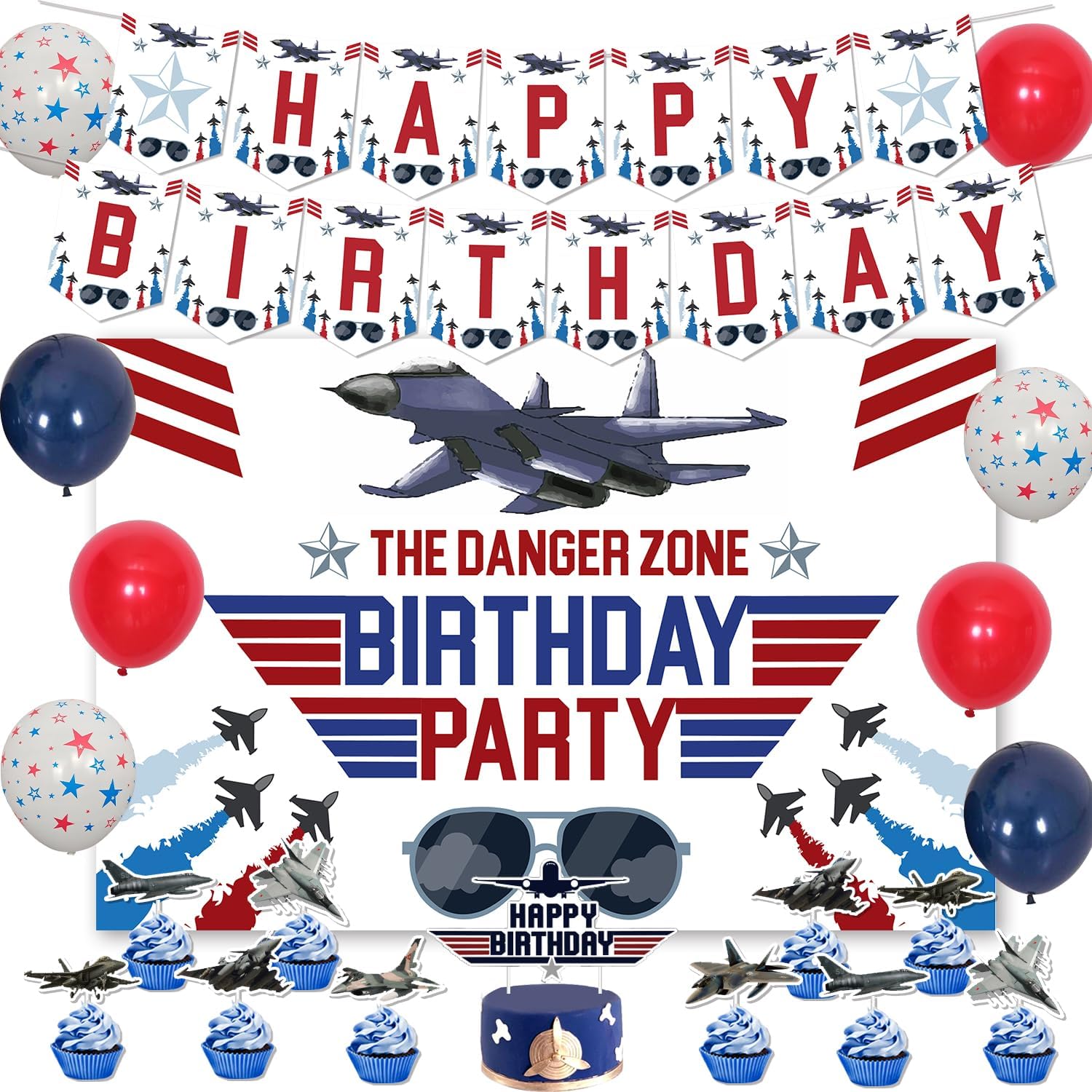 Fighter Jet Birthday Decorations, Airplane Theme Happy Birthday Backdrop Banner Cake Cupcake Toppers Pentagram Balloons Air Force Pilot Party Supplies for Kids Boys Birthday