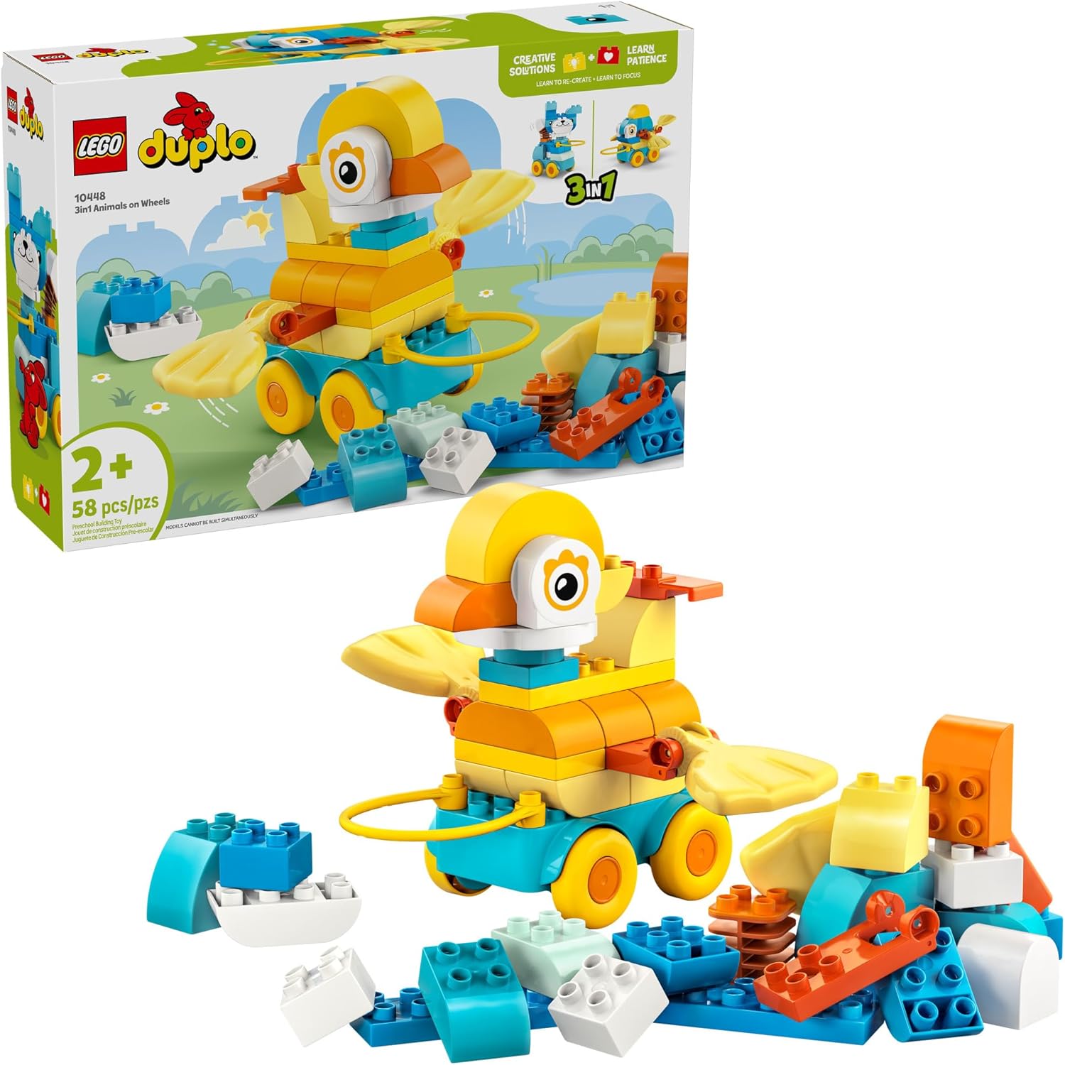 LEGO DUPLO Town 3 in 1 Animals on Wheels Building Toy - Learning Play Set for Toddler Boys & Girls, Ages 2+ - Animal Building Blocks for Sensory Skills Practice - Pretend Play Gift Idea - 10448