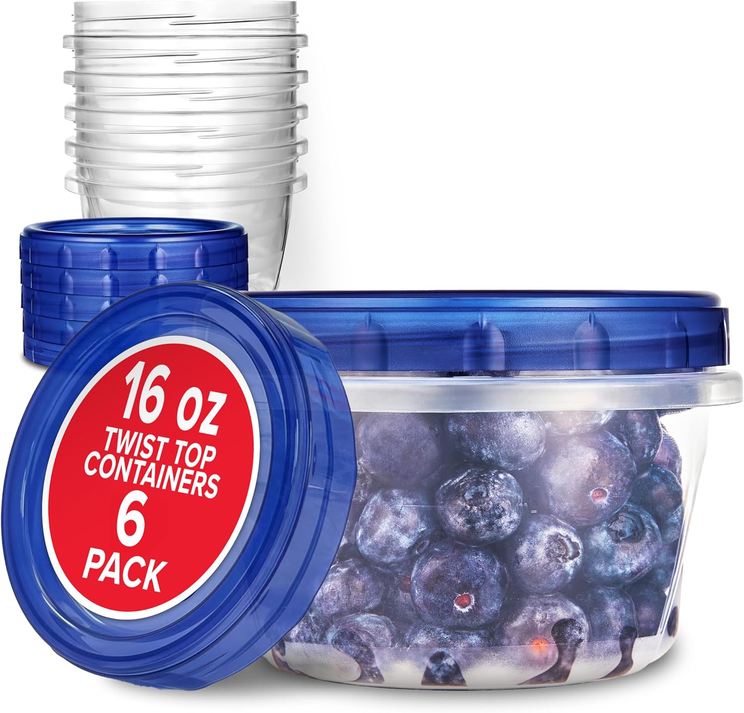 Stock Your Home 16oz Plastic Containers with Twist Top Lids (6 Pack) – 2-Cup Freezer Containers for Leftovers, Airtight Reusable Soup Storage, Microwave & Dishwasher Safe