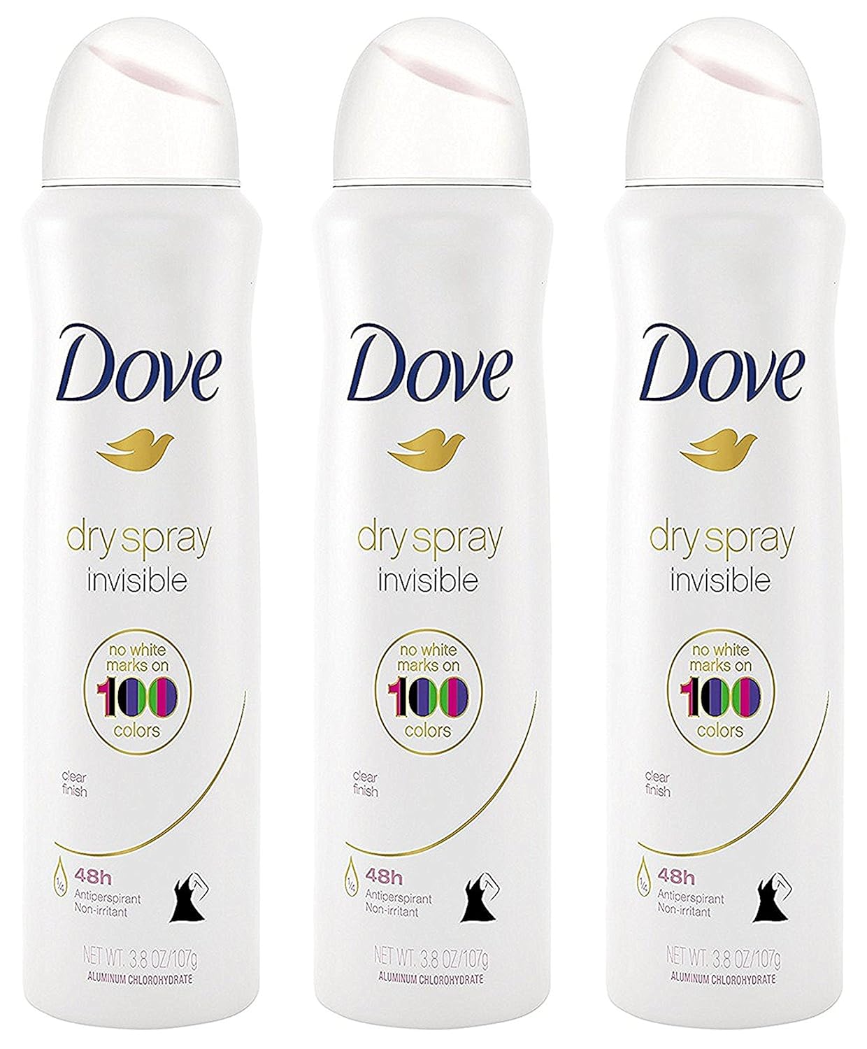 Dove Antiperspirant Dry Spray - Invisible - Clear Finish - 3.8 OZ (107 g) Per Can - Pack of 3 Cans