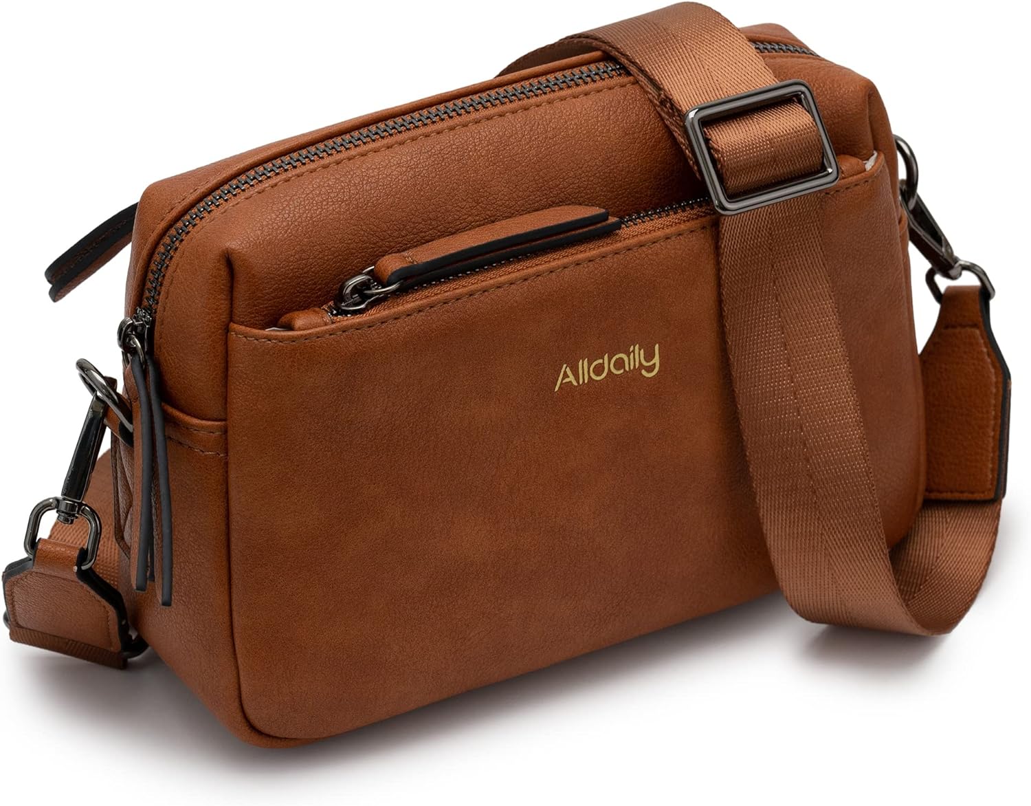 Alldaily Small Triple Zip Crossbody Purse for Women, Leather Phone Bag with Wide Shoulder Strap