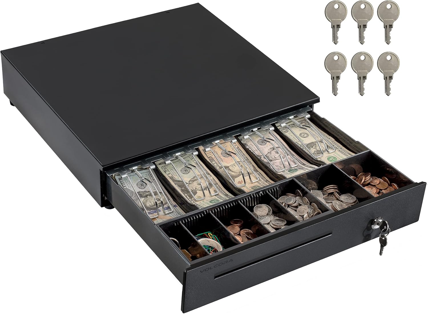 Volcora Cash Register Drawer for Point of Sale (POS) System, 5 Bill/7 Coin, 16" with Adjustable Coin Slots, 24V, RJ11/RJ12 Key-Lock, Media Slot, Black