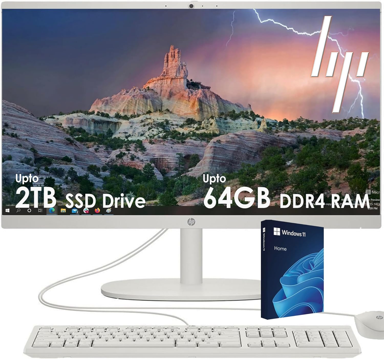 HP All-in-One Desktop PC| 32GB RAM| 2TB PCIe SSD| 22" Full HD Display, Anti-Glare| Intel Dual-core Processor| KB&Mouse| HDMI, USB-C, Wi-Fi 6| Windows 11 | Cashmere White| for Business & Personal Use
