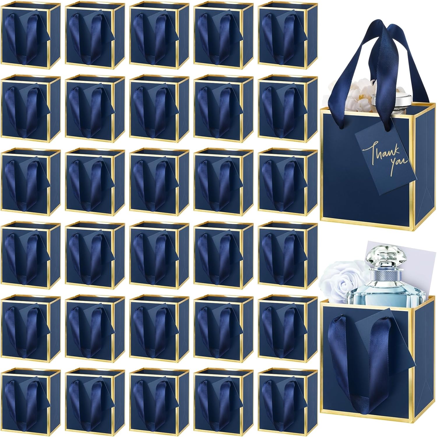Yeaqee 50 Pcs Mini Metallic Paper Gift Bags with Handles 4x2.75x4.5'' Tiny Small Gift Bags with Thank You Tag for Wedding Favor Father's Day Graduation Birthday Welcome Return Gifts(Navy Blue, Gold)